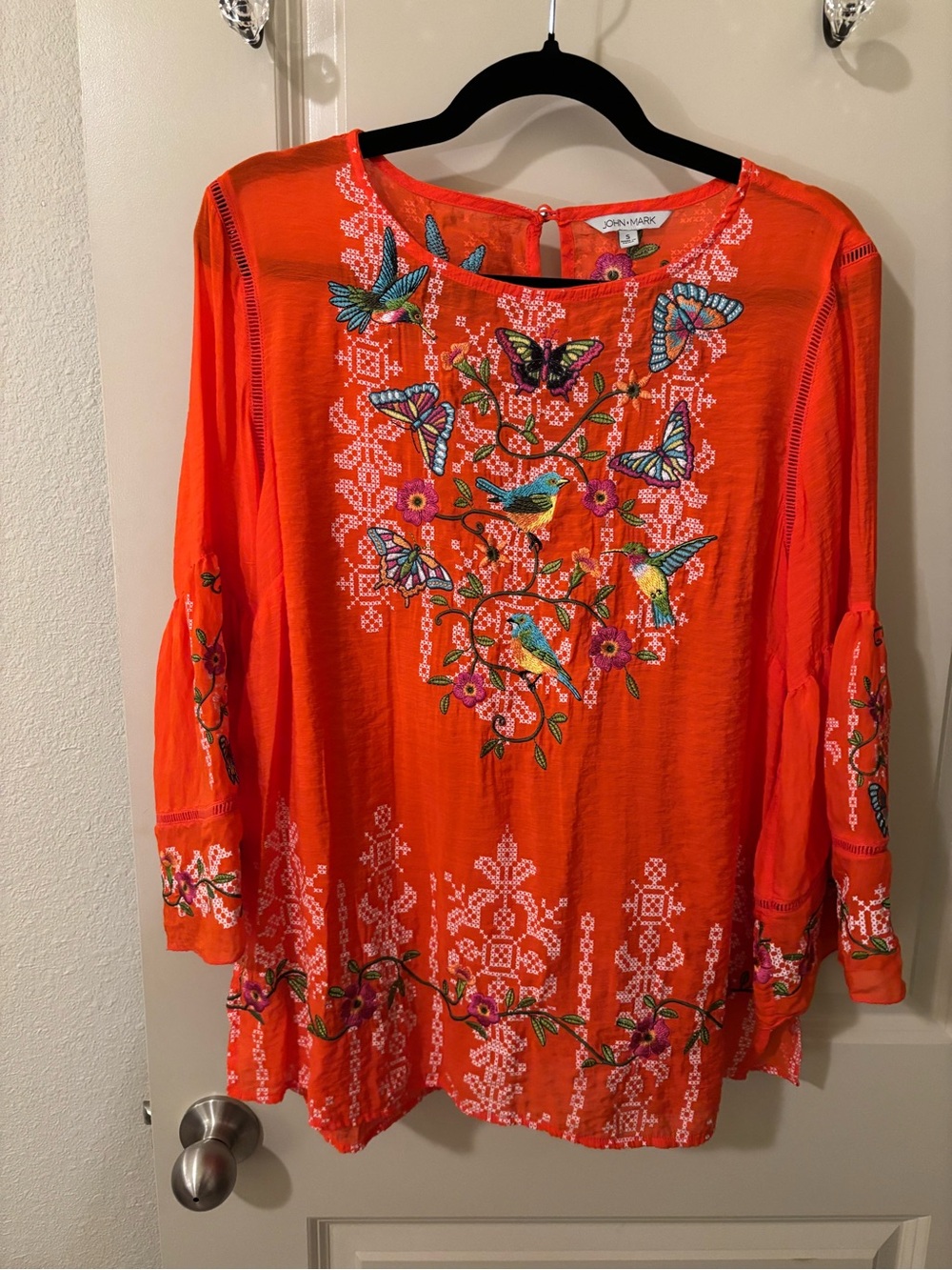 JOHN MARK Embroidered Bird & Butterfly Boho Tunic Top Orange Size Small RARE